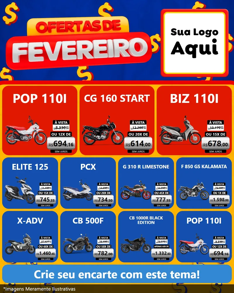 Modelo de Rede Social para Feed Instagram com o tema Ofertas de Fevereiro para Concessionaria de Motos