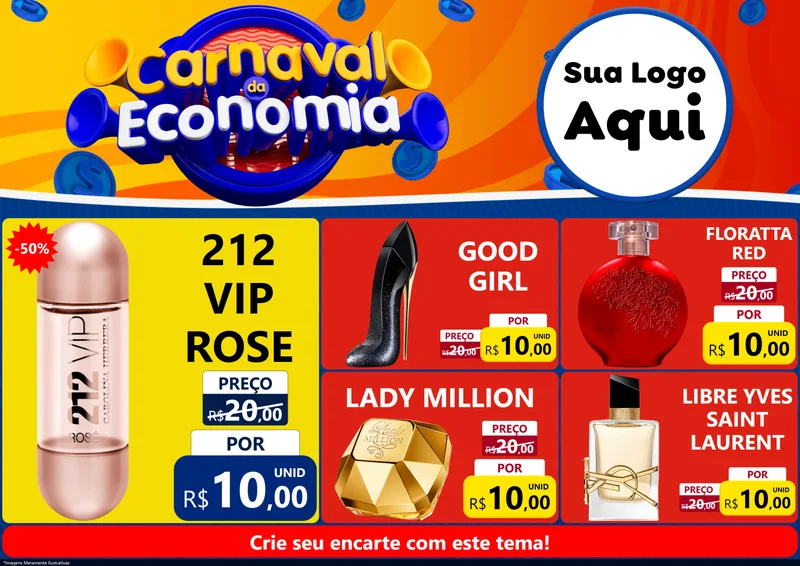 Modelo de Encarte para Encarte A4 Horizontal com o tema Carnaval da Economia para Perfumes