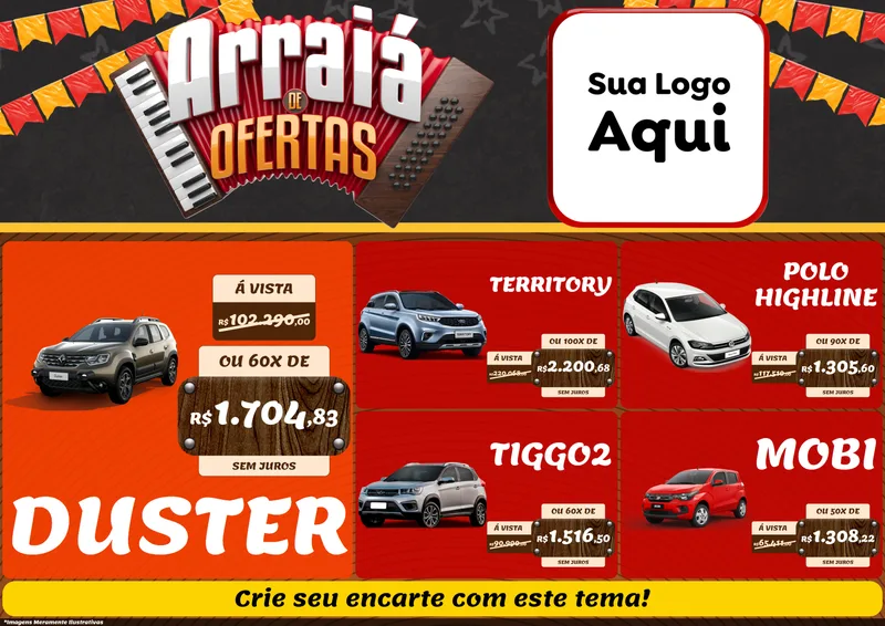 Modelo de Encarte para Encarte A4 Horizontal com o tema Arraiá de Ofertas - Junina para Concessionaria de Carros