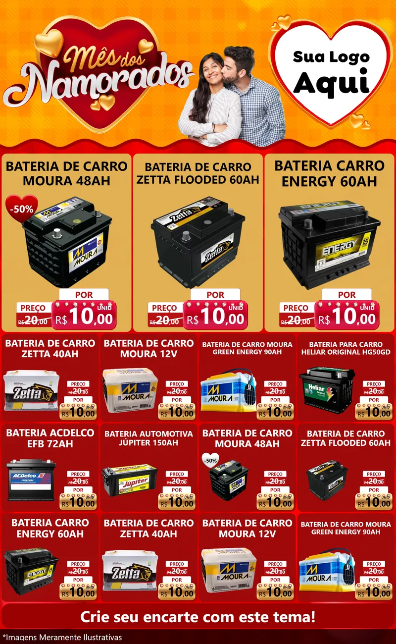Modelo de Encarte para Encarte Grande com o tema Mês dos Namorados para Baterias Elétricas