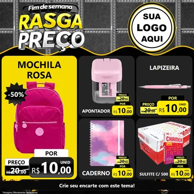 Modelo de Rede Social para Feed Facebook com o tema Fim de Semana Rasga Preço para Papelaria