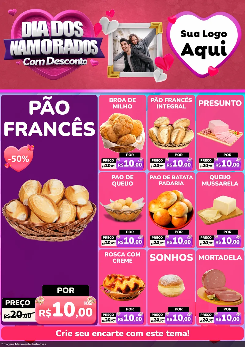 Modelo de Encarte para Encarte A4 Vertical com o tema Dia Dos Namorados Com Desconto para Padaria