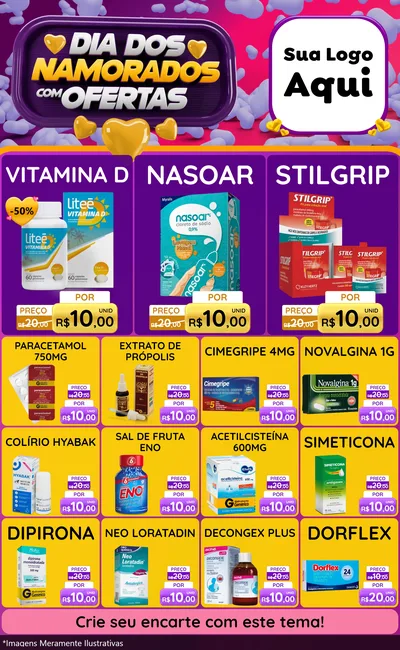 Modelo de Encarte para Encarte Grande com o tema Dia Dos Namorados Com Ofertas para Farmácia
