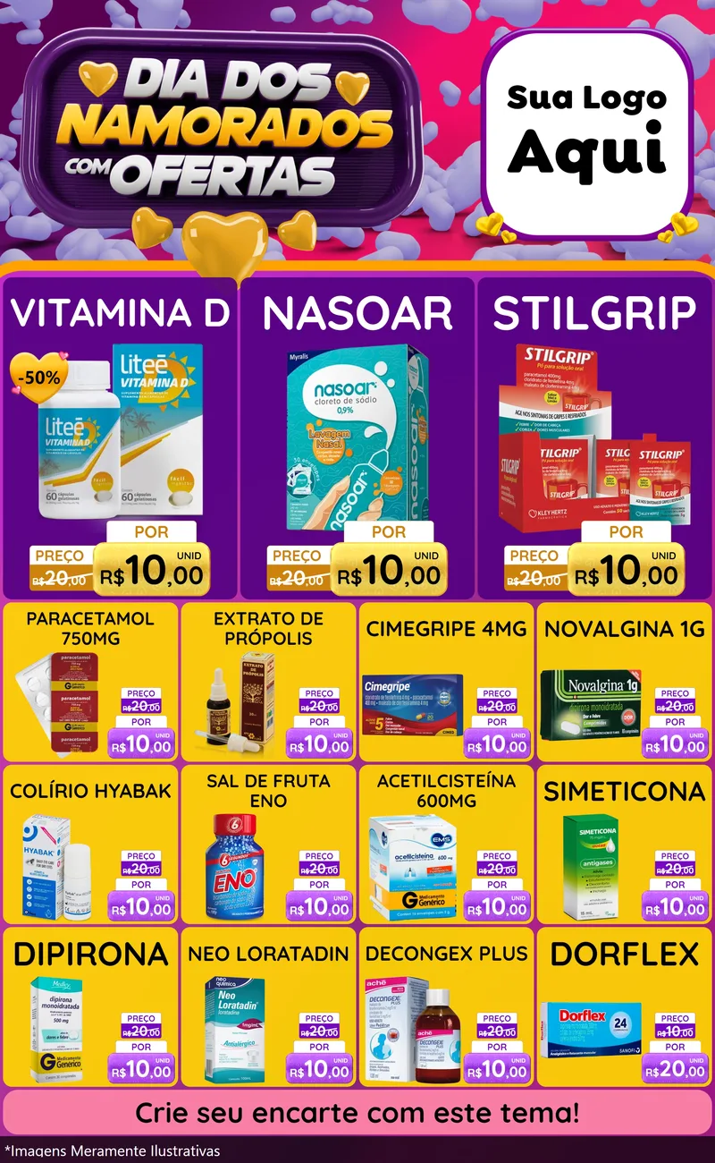 Modelo de Encarte para Encarte Grande com o tema Dia Dos Namorados Com Ofertas para Farmácia