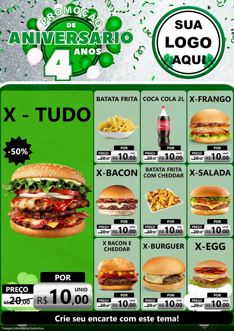 Modelo de Encarte para Encarte A4 Vertical com o tema Promoção de Aniversário - 4 Anos para Hamburgueria