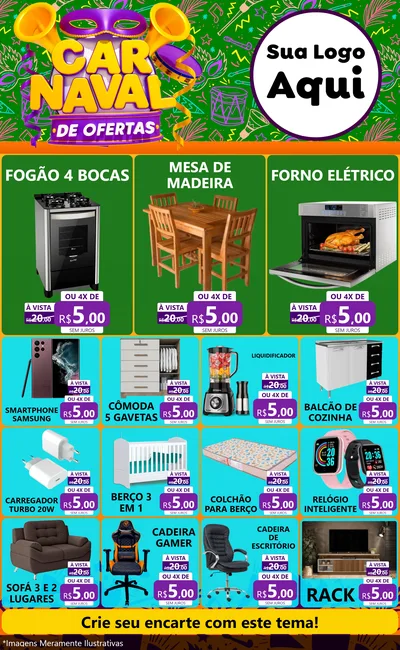 Modelo de Encarte para Encarte Grande com o tema Carnaval de Ofertas para Móveis e Eletro