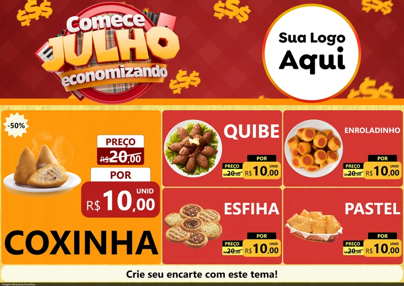 Modelo de Encarte para Encarte A4 Horizontal com o tema Comece Julho Economizando para Salgadaria