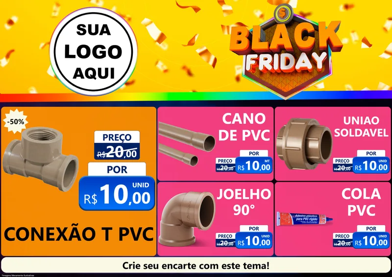 Modelo de Encarte para Encarte A4 Horizontal com o tema Black Friday para Tubos e conexões