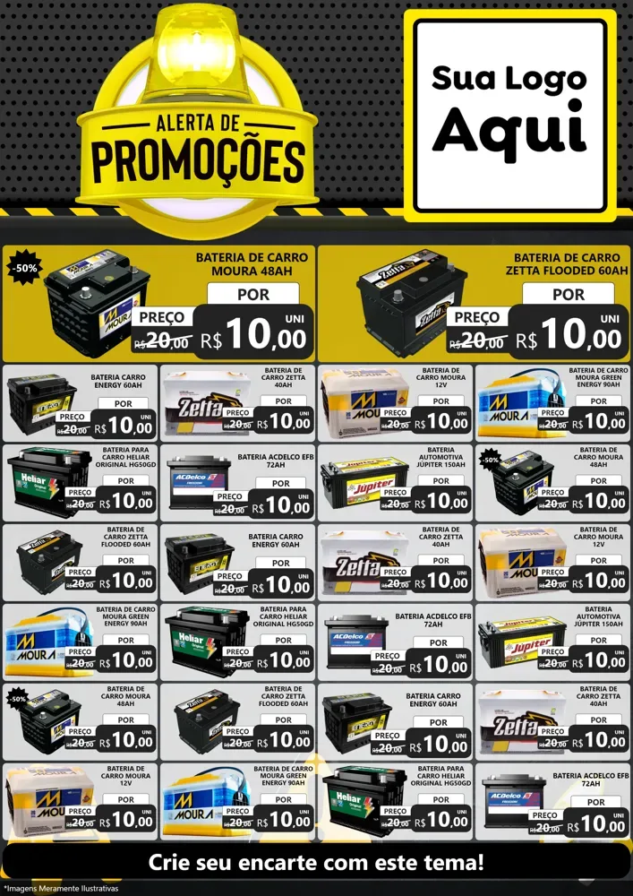 Modelo de Encarte para Encarte A4 Vertical com o tema Alerta de Promoções para Baterias Elétricas