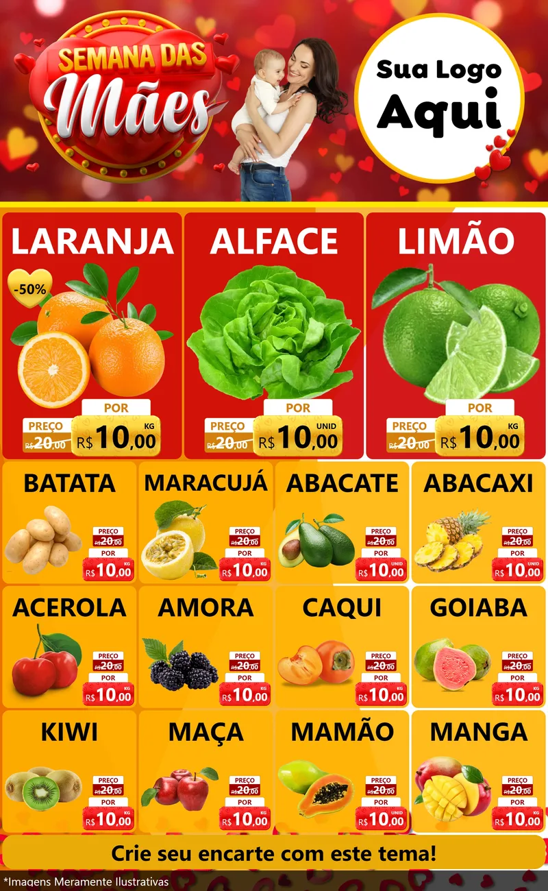 Modelo de Encarte para Encarte Grande com o tema Semana das Mães para Hortifrúti