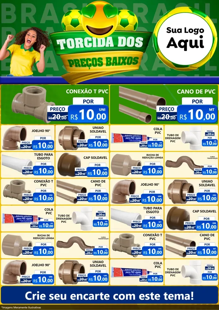 Modelo de Encarte para Encarte A4 Vertical com o tema Torcida dos Preços Baixos - Copa para Tubos e conexões