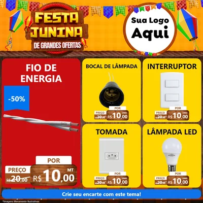 Modelo de Rede Social para Feed Facebook com o tema Festa Junina de Grandes Ofertas para Materiais Elétricos