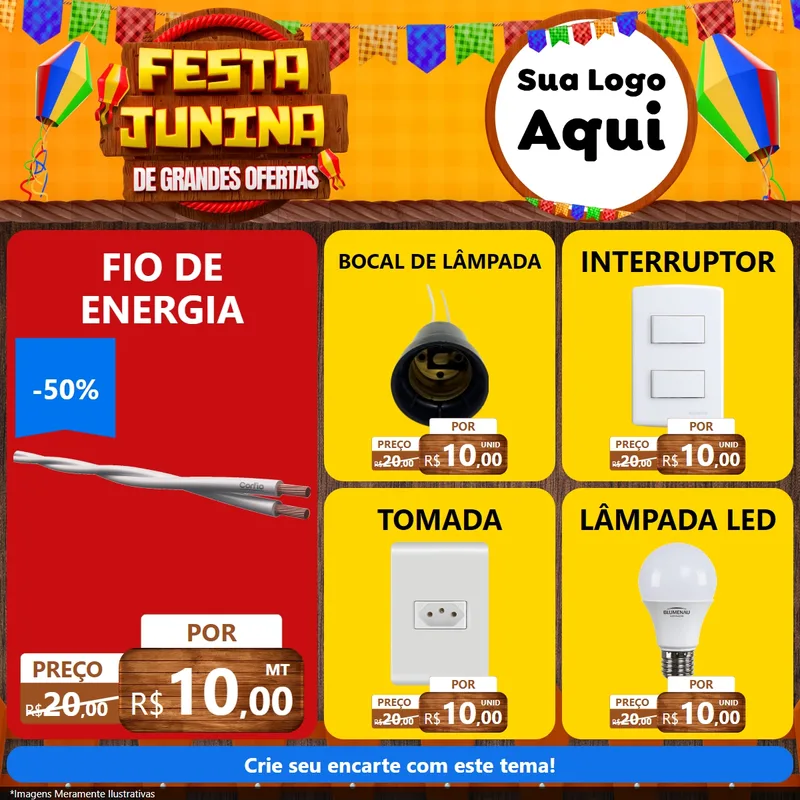 Modelo de Rede Social para Feed Facebook com o tema Festa Junina de Grandes Ofertas para Materiais Elétricos