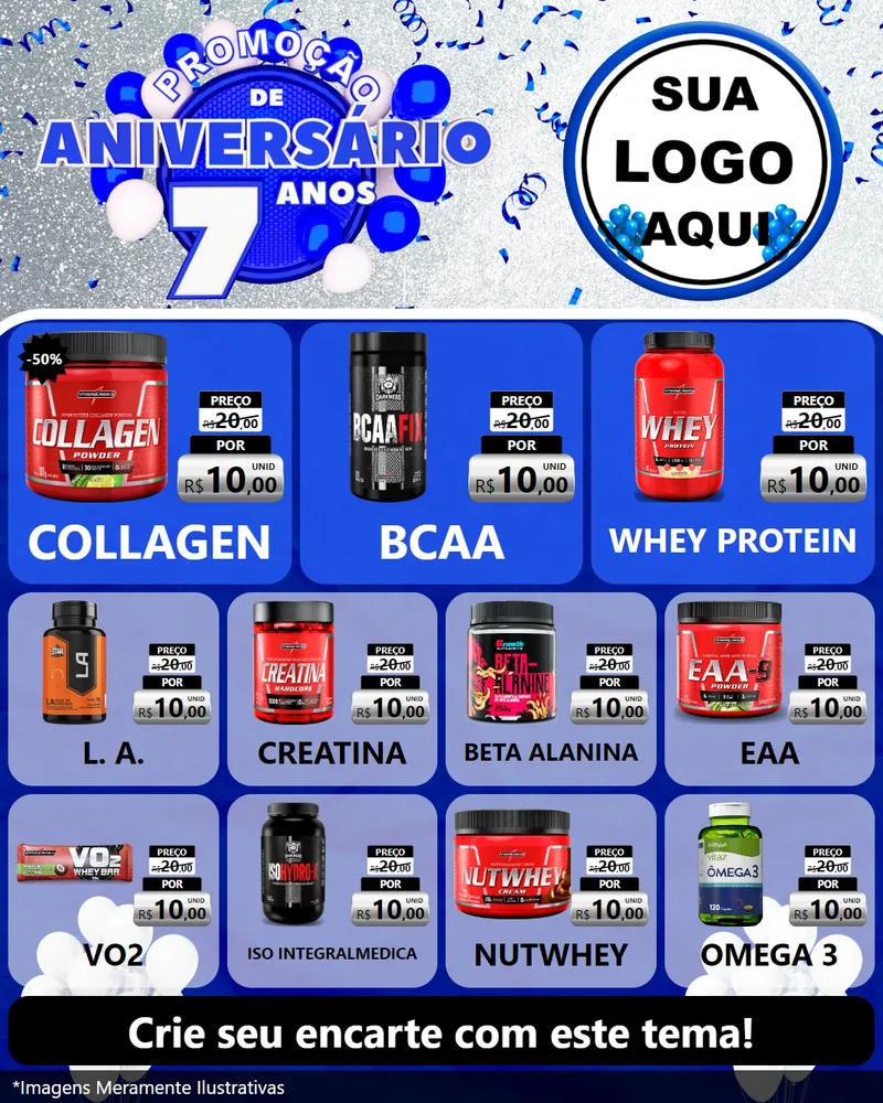 Modelo de Rede Social para Feed Instagram com o tema Promoção de Aniversário - 7 Anos para Suplementos alimentares