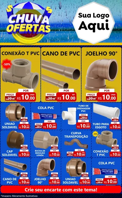 Modelo de Encarte para Encarte Grande com o tema Chuva de Ofertas para Tubos e conexões