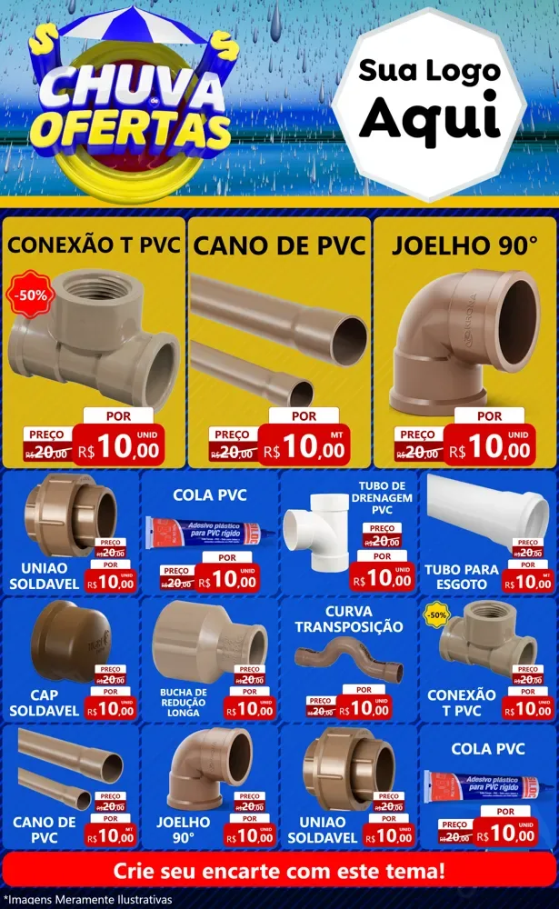 Modelo de Encarte para Encarte Grande com o tema Chuva de Ofertas para Tubos e conexões