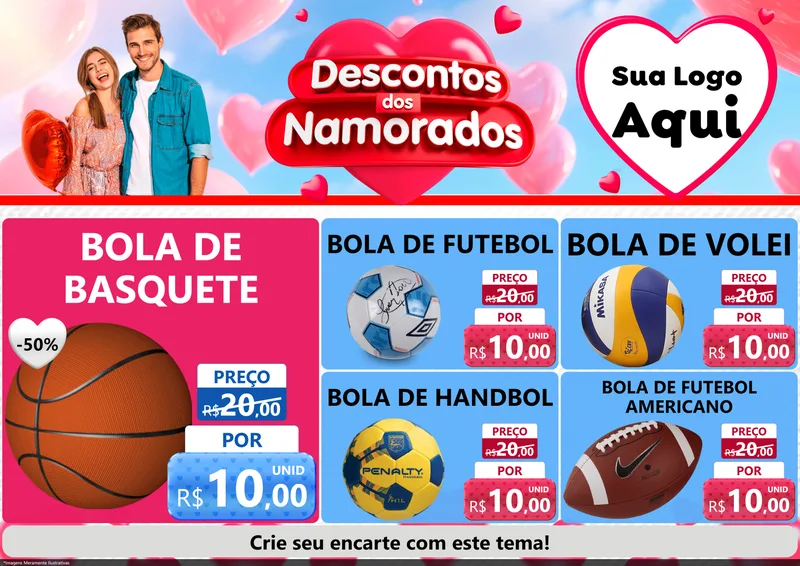 Modelo de Encarte para Encarte A4 Horizontal com o tema Descontos dos Namorados para Artigos Esportivos