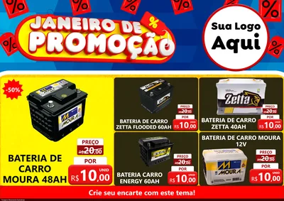 Modelo de Encarte para Encarte A4 Horizontal com o tema Janeiro de Promoção para Baterias Elétricas