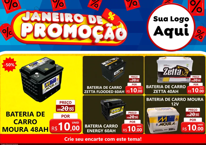 Modelo de Encarte para Encarte A4 Horizontal com o tema Janeiro de Promoção para Baterias Elétricas