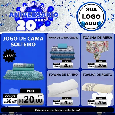 Modelo de Rede Social para Feed Facebook com o tema Promoção de Aniversário - 20 Anos para Cama, Mesa e Banho