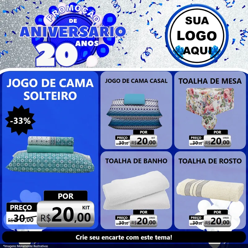Modelo de Rede Social para Feed Facebook com o tema Promoção de Aniversário - 20 Anos para Cama, Mesa e Banho