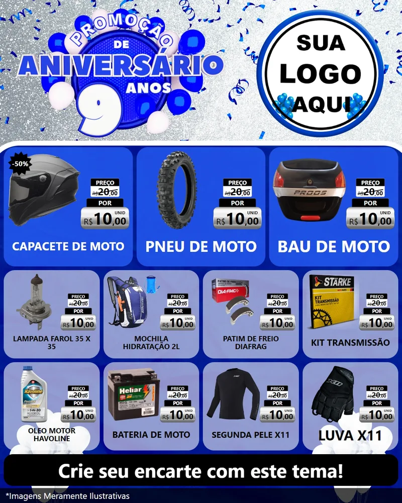 Modelo de Rede Social para Feed Instagram com o tema Promoção de Aniversário - 9 Anos para Moto peças