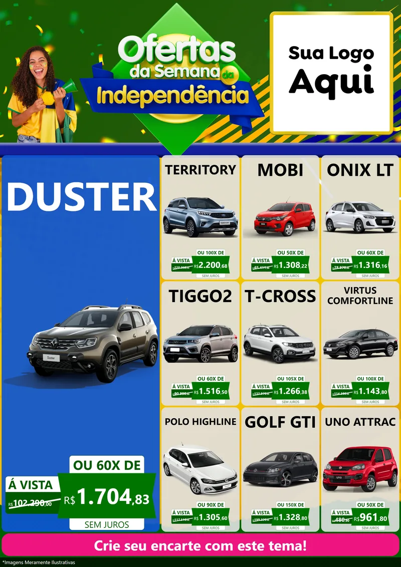 Modelo de Encarte para Encarte A4 Vertical com o tema Ofertas da Semana da Independência para Concessionaria de Carros