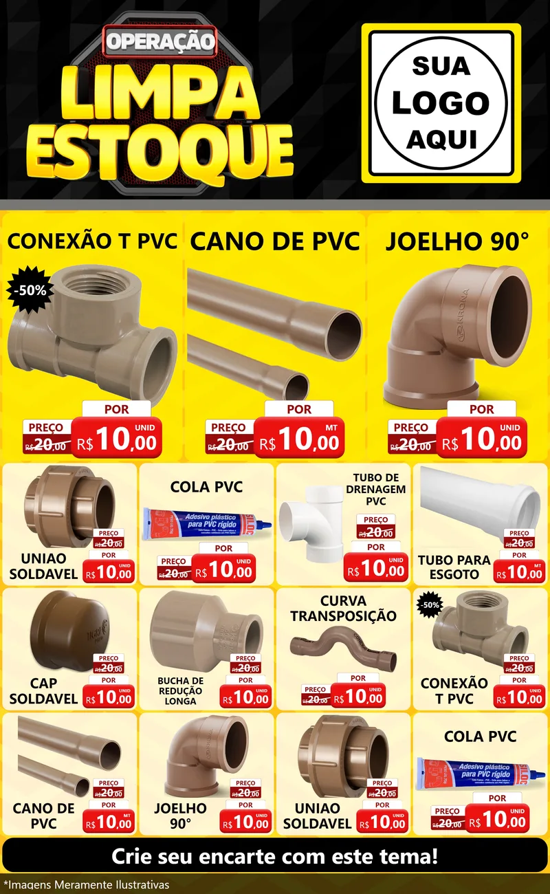 Modelo de Encarte para Encarte Grande com o tema Operação Limpa Estoque para Tubos e conexões