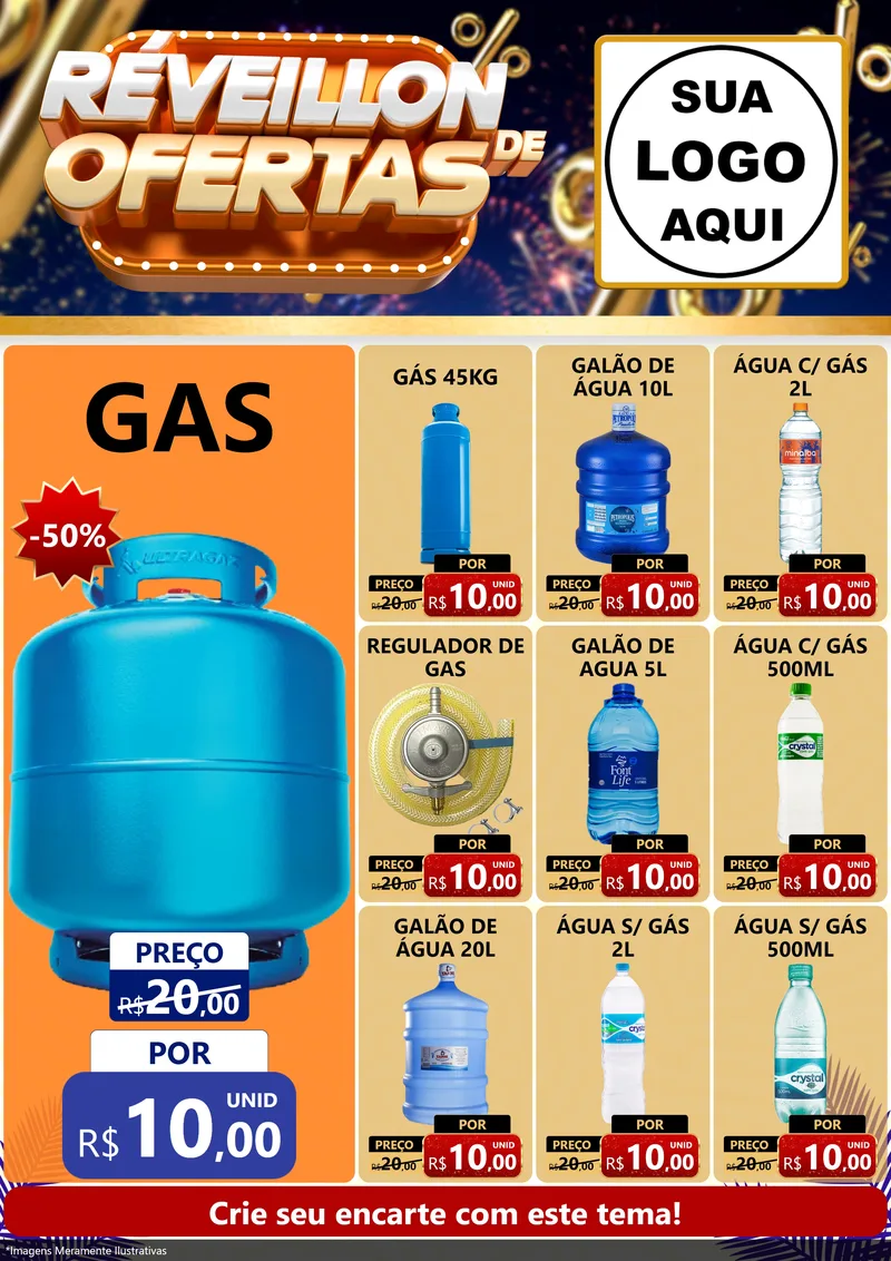 Modelo de Encarte para Encarte A4 Vertical com o tema Réveillon de Ofertas para Água e gás