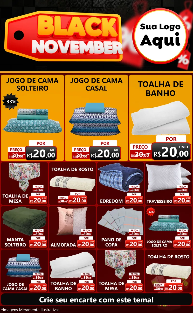 Modelo de Encarte para Encarte Grande com o tema Black November para Cama, Mesa e Banho
