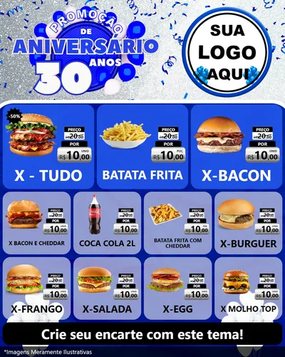 Modelo de Rede Social para Feed Instagram com o tema Promoção de Aniversário - 30 Anos para Hamburgueria