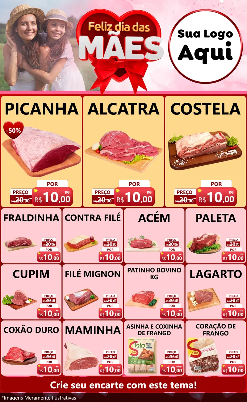 Modelo de Encarte para Encarte Grande com o tema Feliz Dia Das Mães para Açougue