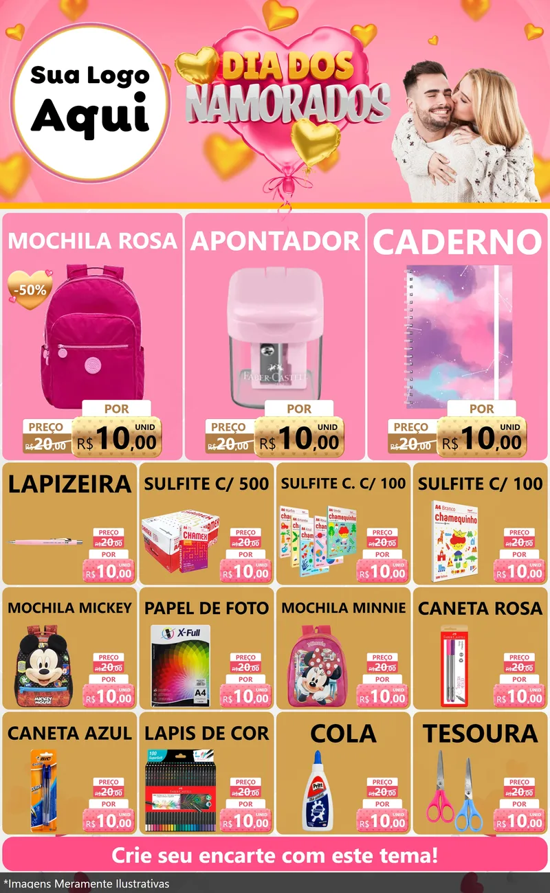 Modelo de Encarte para Encarte Grande com o tema Dia dos Namorados para Papelaria