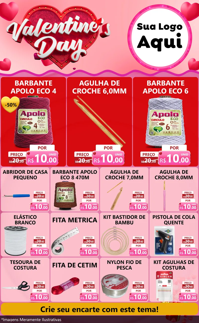 Modelo de Encarte para Encarte Grande com o tema Valentine's Day para Armarinho e Aviamentos