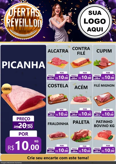 Modelo de Encarte para Encarte A4 Vertical com o tema Ofertas de Réveillon para Açougue