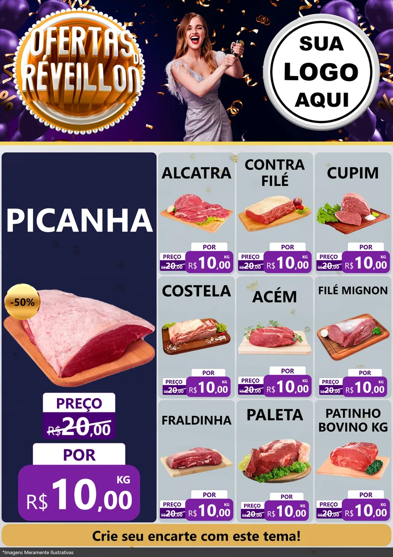 Modelo de Encarte para Encarte A4 Vertical com o tema Ofertas de Réveillon para Açougue