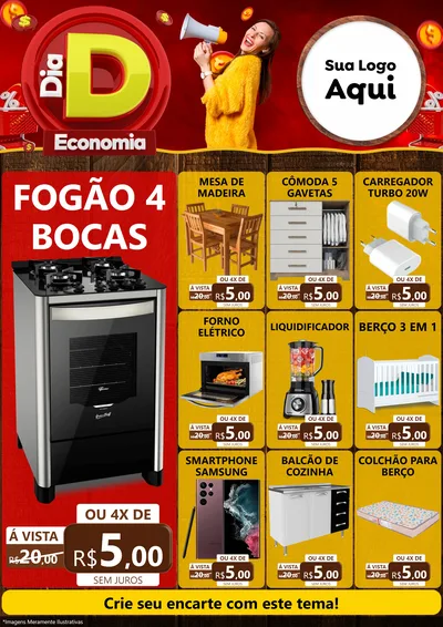 Modelo de Encarte para Encarte A4 Vertical com o tema Dia D Economia para Móveis e Eletro