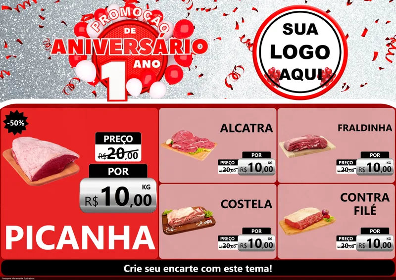 Modelo de Encarte para Encarte A4 Horizontal com o tema Promoção de Aniversário - 1 Ano para Açougue