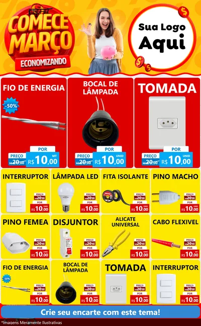 Modelo de Encarte para Encarte Grande com o tema Comece Março Economizando para Materiais Elétricos