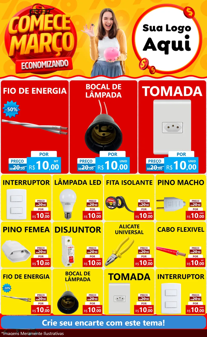 Modelo de Encarte para Encarte Grande com o tema Comece Março Economizando para Materiais Elétricos