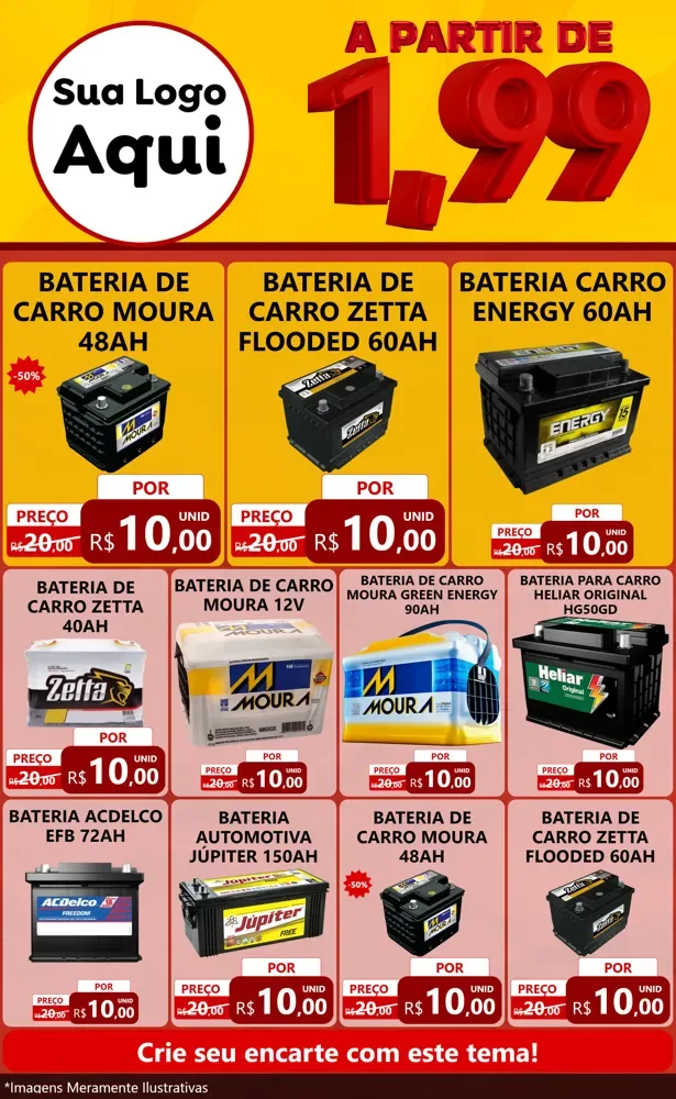 Modelo de Encarte para Encarte Grande com o tema A Partir de Um e Noventa e Nove - 1,99 para Baterias Elétricas