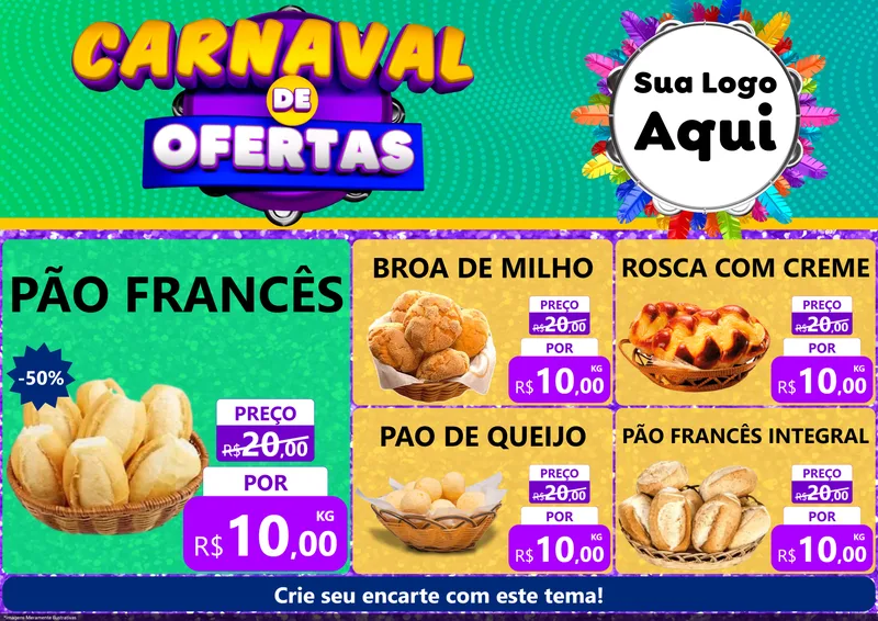 Modelo de Encarte para Encarte A4 Horizontal com o tema Carnaval de Ofertas para Padaria