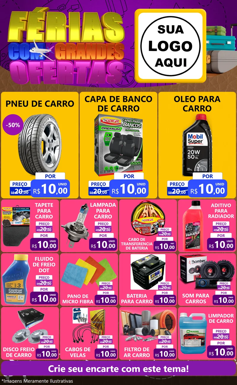 Modelo de Encarte para Encarte Grande com o tema Férias com Grandes Ofertas para Auto peças