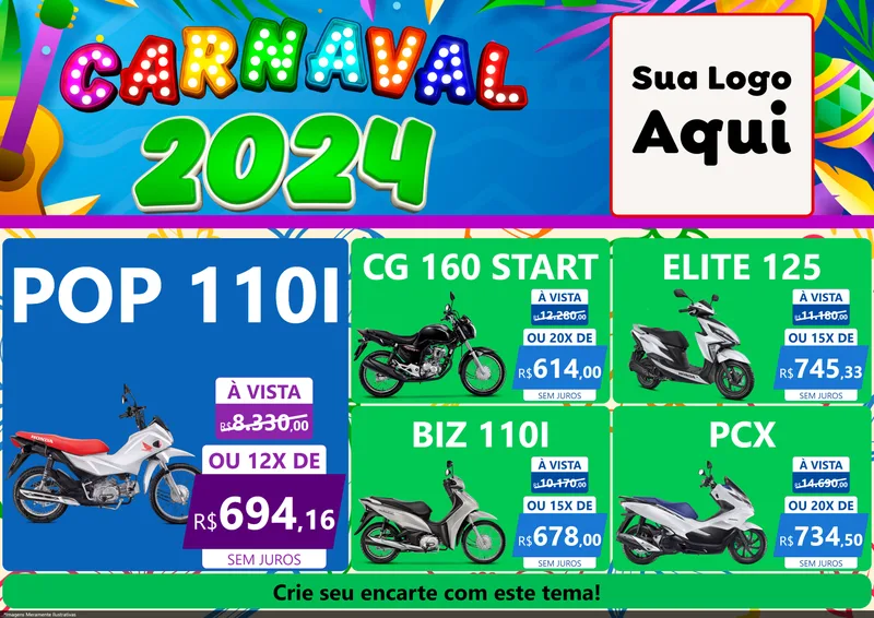 Modelo de Encarte para Encarte A4 Horizontal com o tema Carnaval 2027 para Concessionaria de Motos