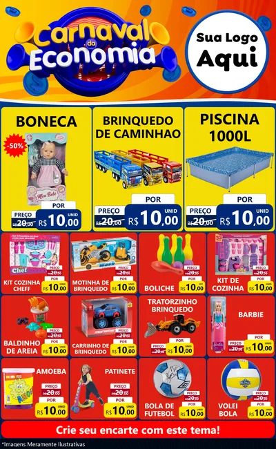 Modelo de Encarte para Encarte Grande com o tema Carnaval da Economia para Brinquedos