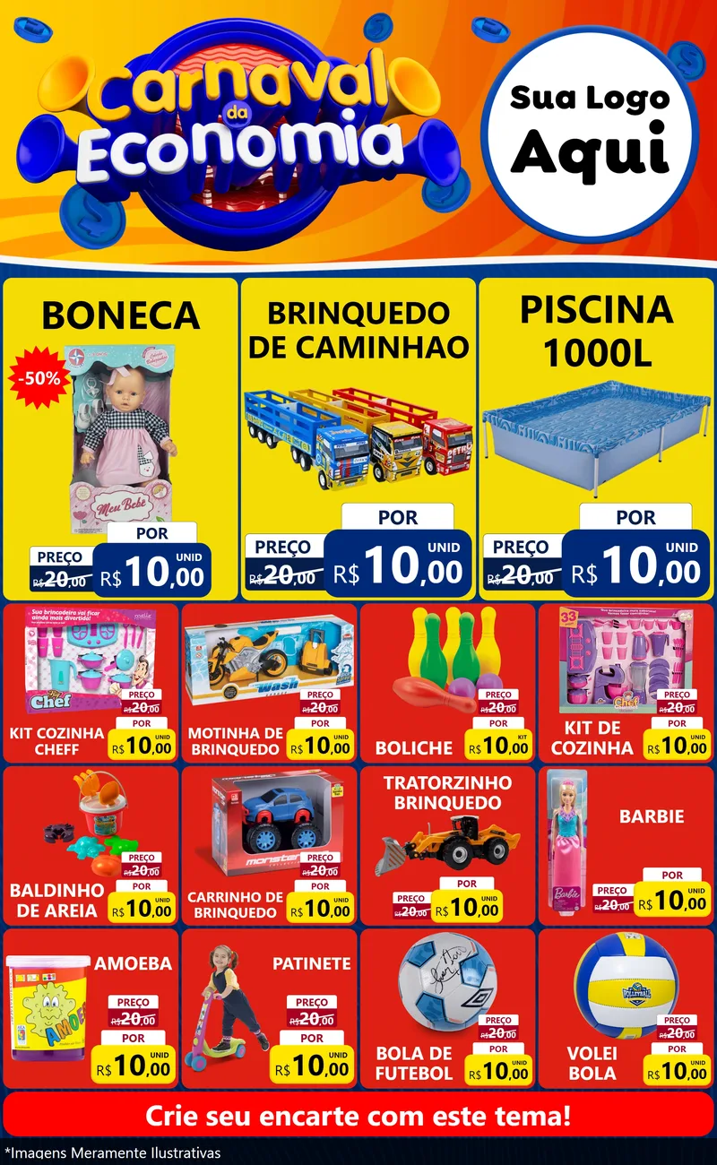 Modelo de Encarte para Encarte Grande com o tema Carnaval da Economia para Brinquedos