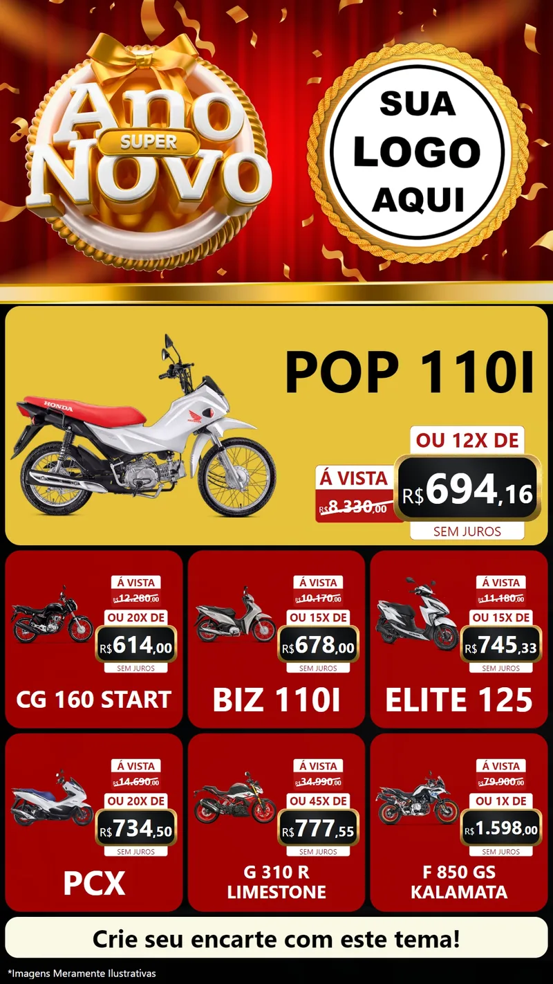 Modelo de Rede Social para Stories com o tema Super Ano Novo para Concessionaria de Motos