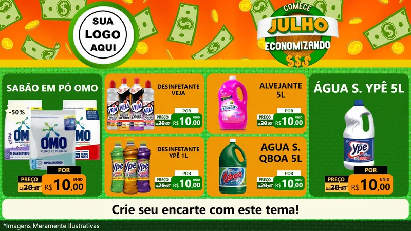 Modelo de TV para TV Horizontal com o tema Comece Julho Economizando para Produtos de Limpeza