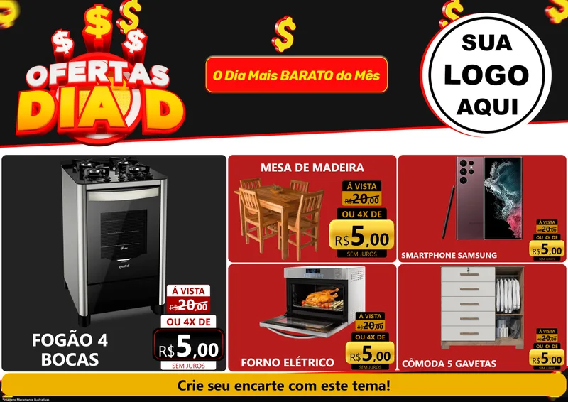 Modelo de Encarte para Encarte A4 Horizontal com o tema Ofertas Dia D para Móveis e Eletro