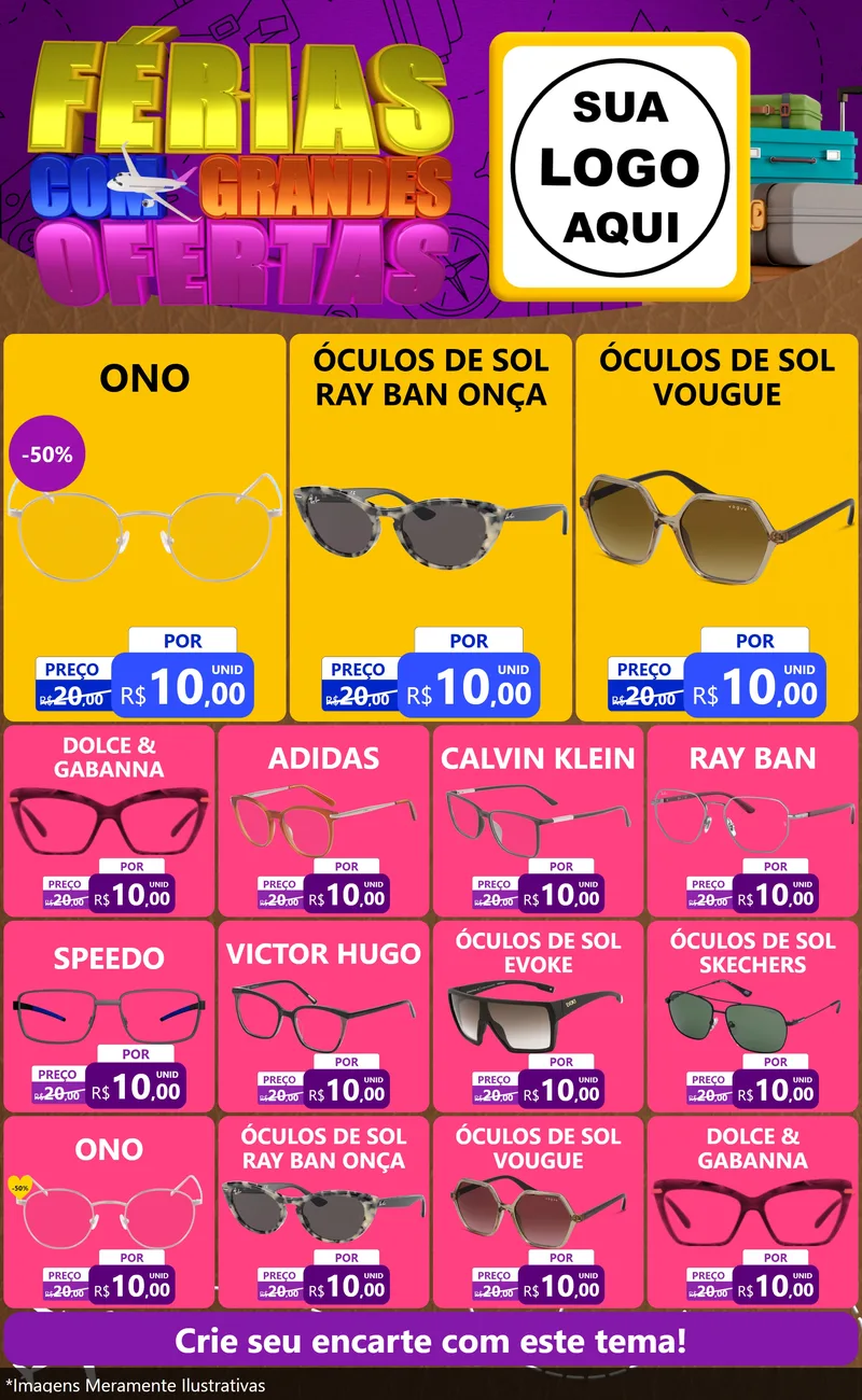Modelo de Encarte para Encarte Grande com o tema Férias com Grandes Ofertas para Óticas